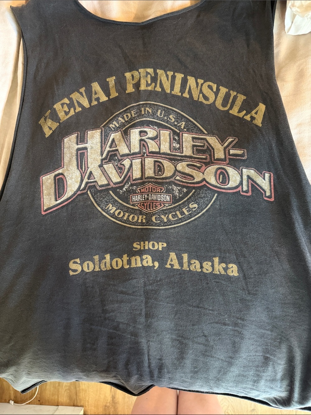 Harley-Davidson Black Tank with Gold and Cream Kenai Peninsula Graphic